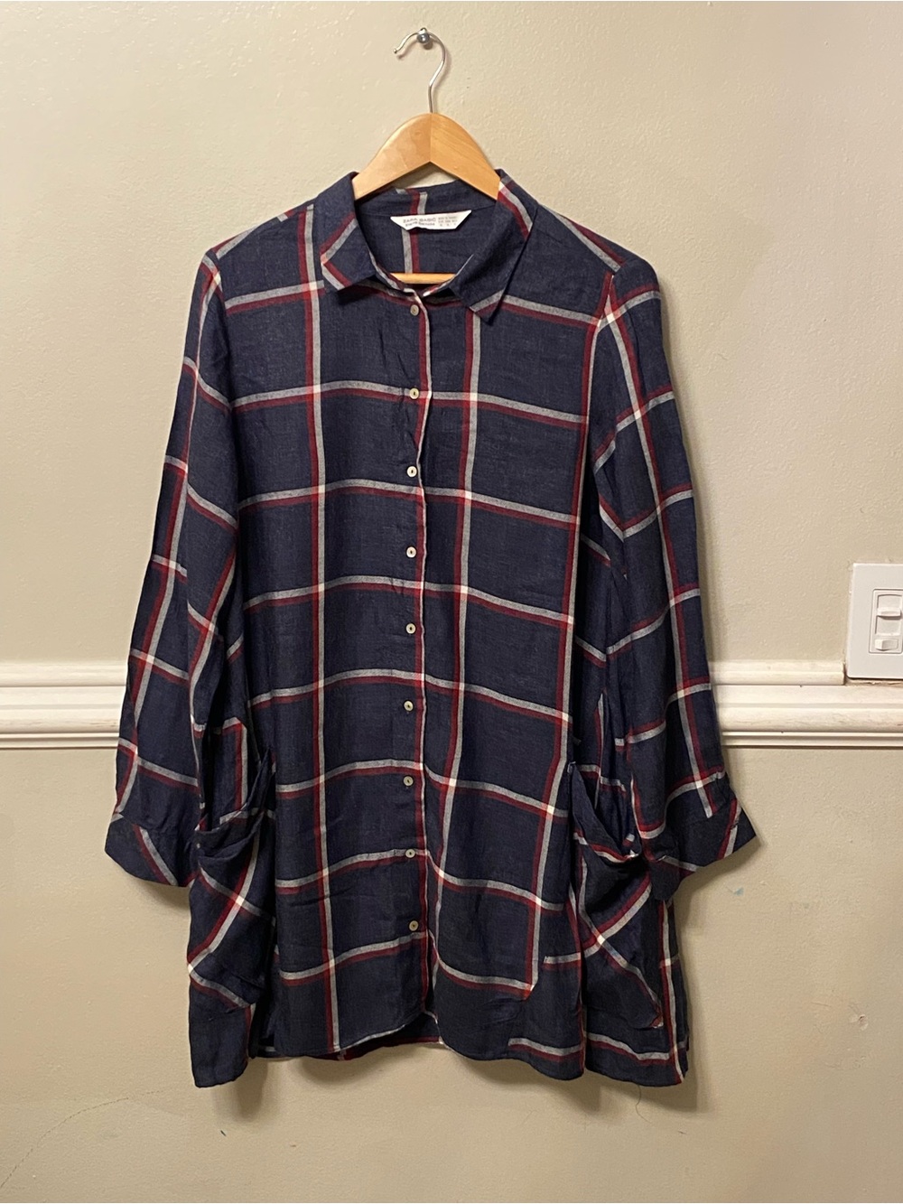 Zara Button-Front Navy Plaid Tunic Top -